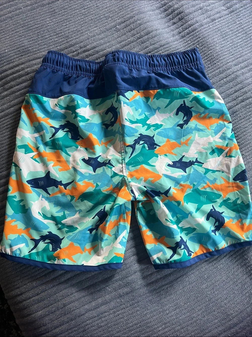 Lands' End Boys' Shark-Print Swim Trunks in Aqua, Navy and Orange